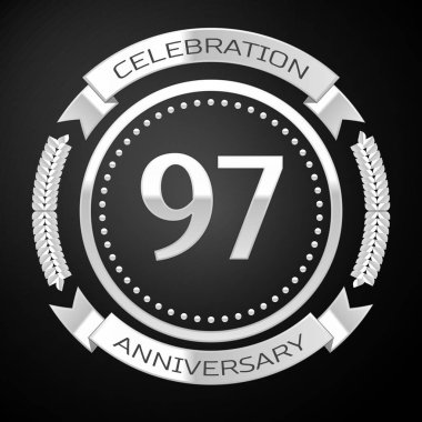 Doksan yedi yıl yıldönümü kutlamaları gümüş halkalı ve siyah arka plan üzerine şerit. Vektör çizim