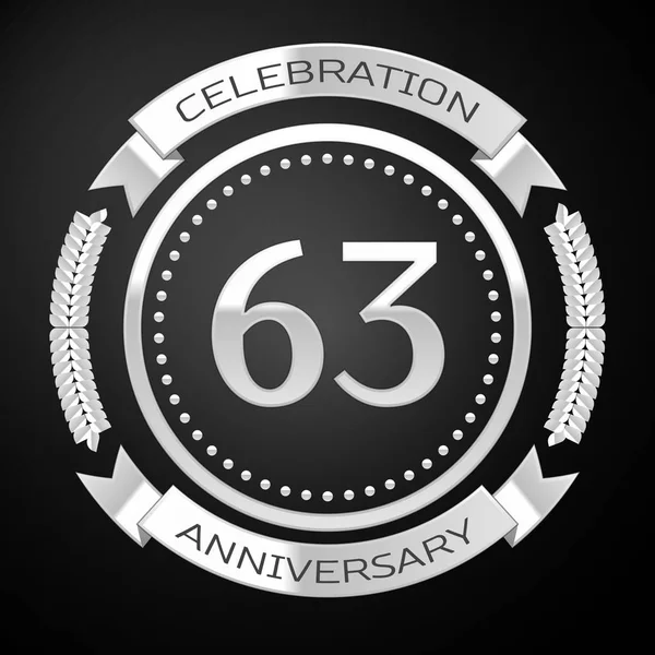 Sesenta y tres años de celebración del aniversario con anillo de plata y cinta sobre fondo negro. Ilustración vectorial — Vector de stock