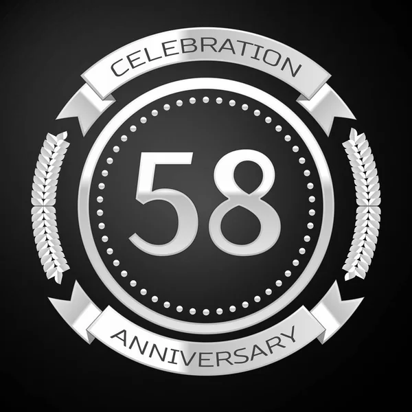Cincuenta y ocho años de celebración del aniversario con anillo de plata y cinta sobre fondo negro. Ilustración vectorial — Archivo Imágenes Vectoriales