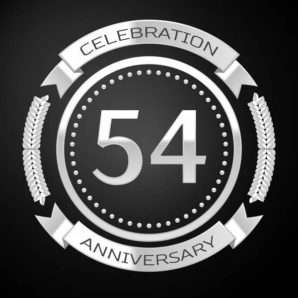Cincuenta y cuatro años de celebración del aniversario con anillo de plata y cinta sobre fondo negro. Ilustración vectorial — Archivo Imágenes Vectoriales
