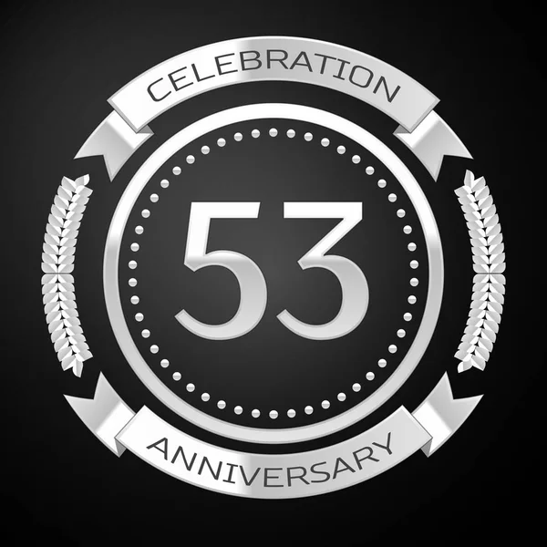 Cincuenta y tres años de celebración del aniversario con anillo de plata y cinta sobre fondo negro. Ilustración vectorial — Archivo Imágenes Vectoriales