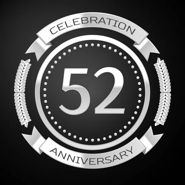 Cincuenta y dos años de celebración del aniversario con anillo de plata y cinta sobre fondo negro. Ilustración vectorial — Archivo Imágenes Vectoriales