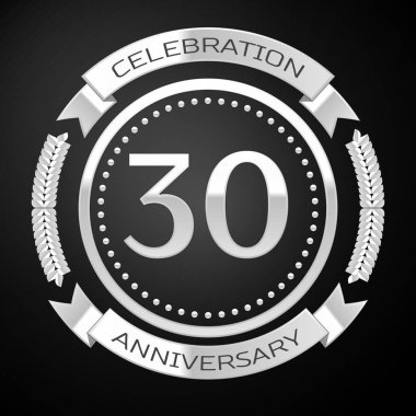 Otuz yıl yıldönümü kutlamaları gümüş halkalı ve siyah arka plan üzerine şerit. Vektör çizim