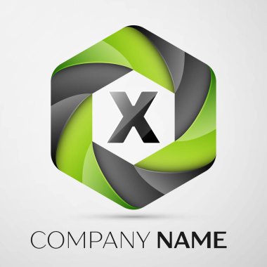 X harfi altıgen gri arka plan üzerinde renkli logo. Tasarımınız için vektör şablonu