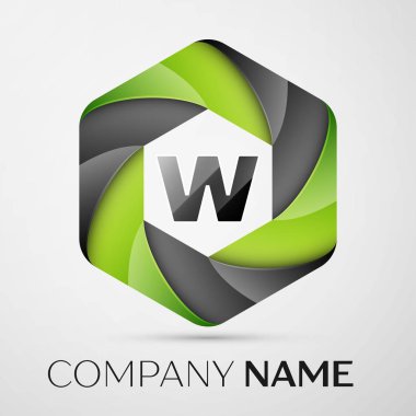 W harfi renkli logo altıgen gri arka plan üzerinde. Tasarımınız için vektör şablonu