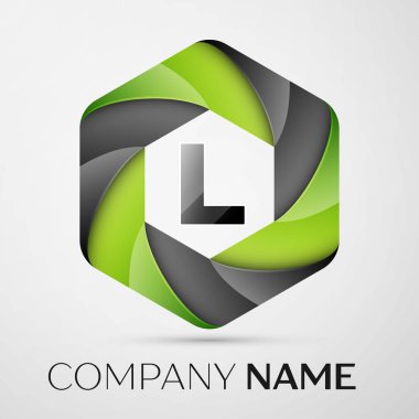 L harfi renkli logo altıgen gri arka plan üzerinde. Tasarımınız için vektör şablonu