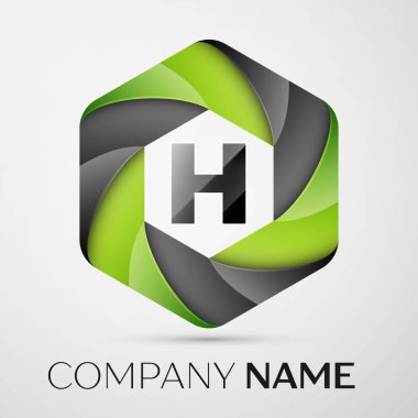 H harfi renkli logo altıgen gri arka plan üzerinde. Tasarımınız için vektör şablonu