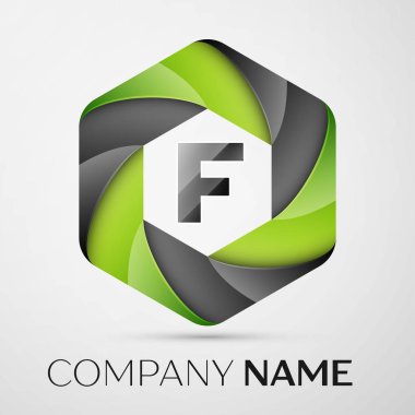 F harfi renkli logo altıgen gri arka plan üzerinde. Tasarımınız için vektör şablonu