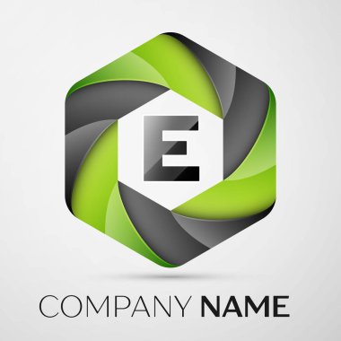E mektup renkli logo altıgen gri arka plan üzerinde. Tasarımınız için vektör şablonu
