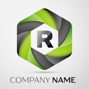 R harfi renkli logo altıgen gri arka plan üzerinde. Tasarımınız için vektör şablonu
