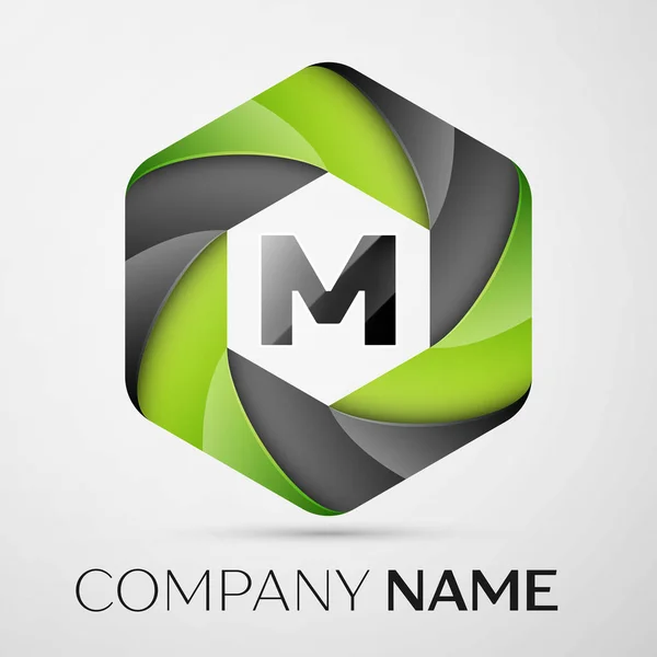 M Letter colorful logo in the hexagonal on grey background. Vector template for your design — Stock Vector