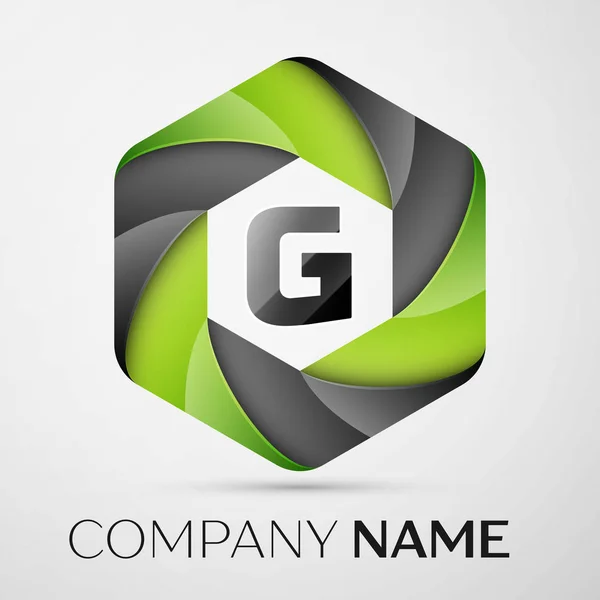 G Buchstabe buntes Logo in der sechseckigen auf grauem Hintergrund. Vektorvorlage für Ihr Design — Stockvektor