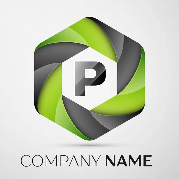 P Logotipo colorido letra no hexagonal sobre fundo cinza. Modelo de vetor para o seu projeto —  Vetores de Stock