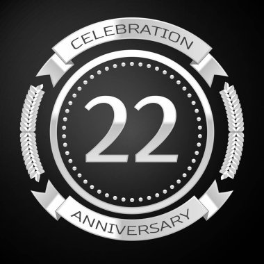 Yirmi iki yıl yıldönümü kutlamaları gümüş halkalı ve siyah arka plan üzerine şerit. Vektör çizim