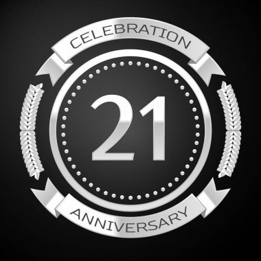 Yirmi bir yıl yıldönümü kutlamaları gümüş halkalı ve siyah arka plan üzerine şerit. Vektör çizim