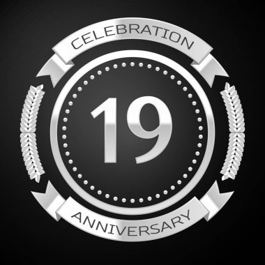 On dokuz yıl yıldönümü kutlamaları gümüş halkalı ve siyah arka plan üzerine şerit. Vektör çizim