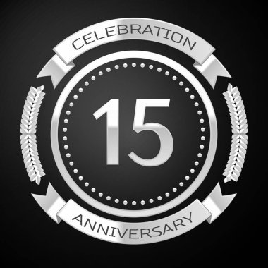 On beş yıl yıldönümü kutlamaları gümüş halkalı ve siyah arka plan üzerine şerit. Vektör çizim