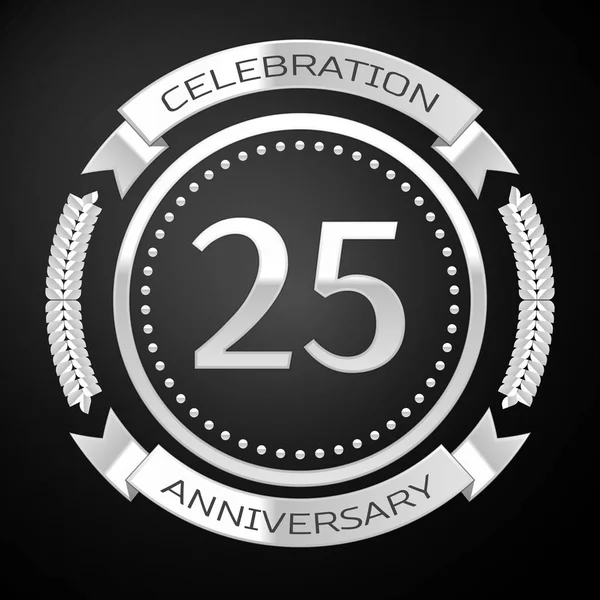 Twenty five years anniversary celebration with silver ring and ribbon on black background. Vector illustration — Stock Vector