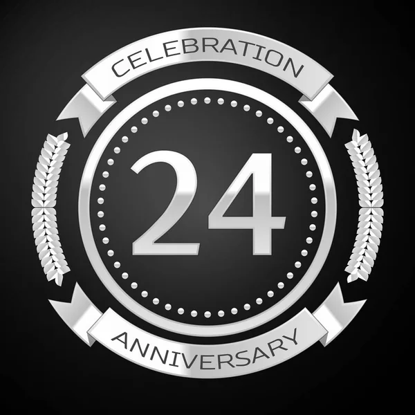 Celebración del aniversario de veinticuatro años con anillo de plata y cinta sobre fondo negro. Ilustración vectorial — Archivo Imágenes Vectoriales