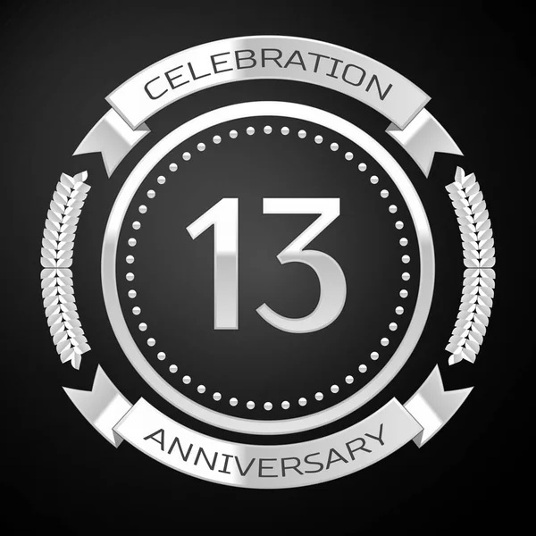 Thirteen years anniversary celebration with silver ring and ribbon on black background. Vector illustration — Stock Vector