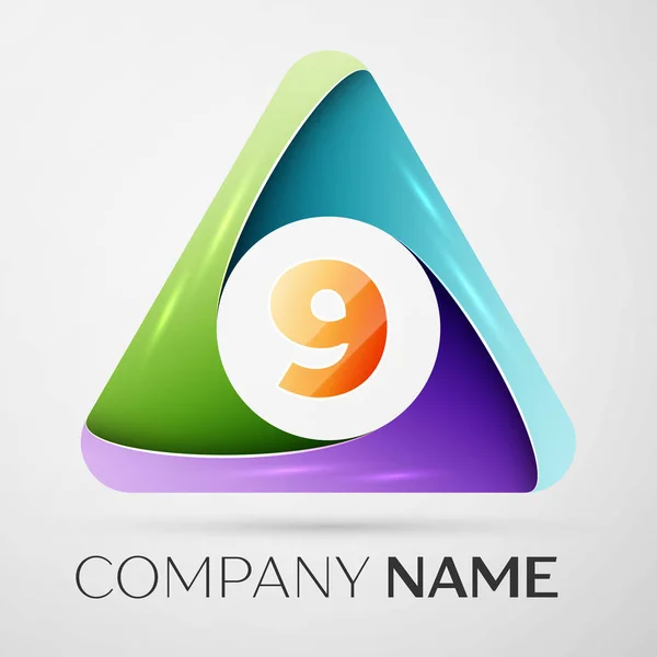 Number nine vector logo symbol in the colorful triangle on grey background. Vector template for your design — Stock Vector