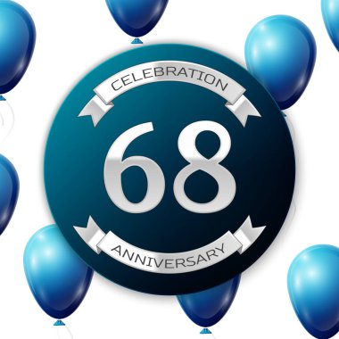 Mavi daire kağıt afiş gümüş kurdele ile gümüş numara Altmış sekiz yıl yıldönümü kutlamaları. Beyaz arka plan üzerinde gerçekçi mavi balonlar kurdele ile. Vektör çizim.