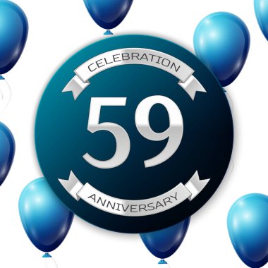 Mavi daire kağıt afiş gümüş kurdele ile gümüş sayı elli dokuz yıl yıldönümü kutlamaları. Beyaz arka plan üzerinde gerçekçi mavi balonlar kurdele ile. Vektör çizim.