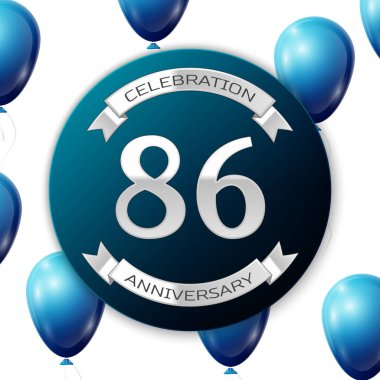 Mavi daire kağıt afiş gümüş kurdele ile gümüş numara seksen altı yıl yıldönümü kutlamaları. Beyaz arka plan üzerinde gerçekçi mavi balonlar kurdele ile. Vektör çizim.