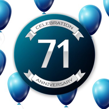 Mavi daire kağıt afiş gümüş kurdele ile gümüş sayı yetmiş bir yıl yıldönümü kutlamaları. Beyaz arka plan üzerinde gerçekçi mavi balonlar kurdele ile. Vektör çizim.