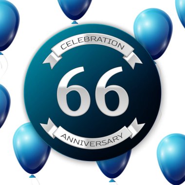 Mavi daire kağıt afiş gümüş kurdele ile gümüş numara altmış altı yıl yıldönümü kutlamaları. Beyaz arka plan üzerinde gerçekçi mavi balonlar kurdele ile. Vektör çizim.