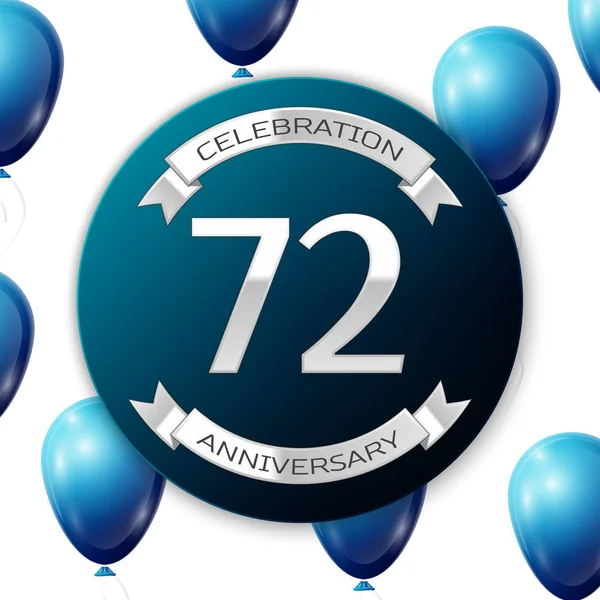 Mavi daire kağıt afiş gümüş kurdele ile gümüş sayı yetmiş iki yıl yıldönümü kutlamaları. Beyaz arka plan üzerinde gerçekçi mavi balonlar kurdele ile. Vektör çizim.
