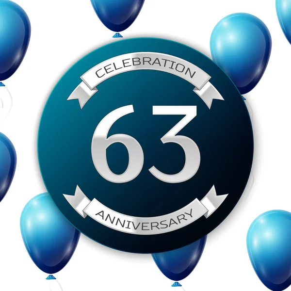 Mavi daire kağıt afiş gümüş kurdele ile gümüş numara altmış üç yıl yıldönümü kutlamaları. Beyaz arka plan üzerinde gerçekçi mavi balonlar kurdele ile. Vektör çizim.