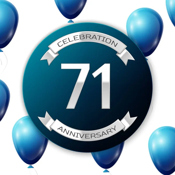 Mavi daire kağıt afiş gümüş kurdele ile gümüş sayı yetmiş bir yıl yıldönümü kutlamaları. Beyaz arka plan üzerinde gerçekçi mavi balonlar kurdele ile. Vektör çizim.