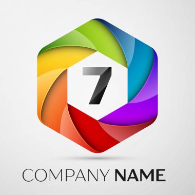 7 içinde altıgen siyah arka plan üzerinde renkli logo numara. Tasarımınız için vektör şablonu