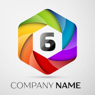 6 içinde altıgen siyah arka plan üzerinde renkli logo numara. Tasarımınız için vektör şablonu