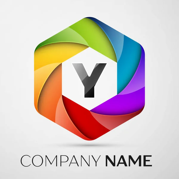 Y brev färgglada logotypen i den sexkantiga på grå bakgrund. Vector mall för din design — Stock vektor