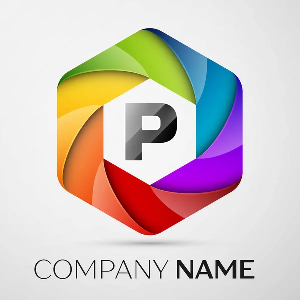 P Letter colorful logo in the hexagonal on grey background. Vector template for your design — Stock Vector
