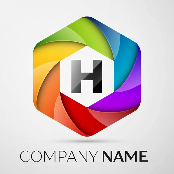 H Letter colorful logo in the hexagonal on grey background. Vector template for your design — Stock Vector