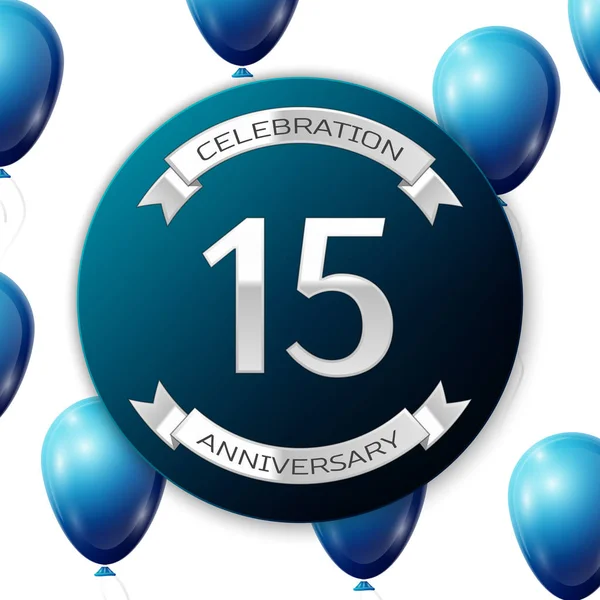 Número de prata quinze anos celebração de aniversário no banner de papel de círculo azul com fita de prata. Balões azuis realistas com fita em fundo branco. Ilustração vetorial . —  Vetores de Stock