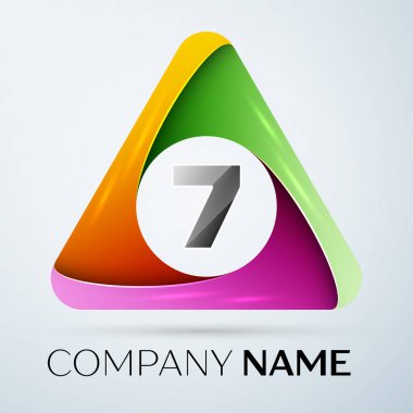 Yedi numaralı vektör logo sembol gri arka plan üzerinde renkli üçgen içinde. Tasarımınız için vektör şablonu