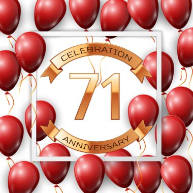 Merkezi altın metin yetmiş bir yıl yıldönümü kutlamaları şeritte beyaz arka plan üzerinde beyaz kare çerçeve içinde şeritler ile gerçekçi kırmızı balonlar. Vektör çizim