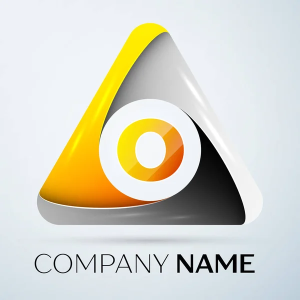 Dopis O vektorové logo symbol v barevné trojúhelníku na šedém pozadí. Vektor šablona pro návrh — Stockový vektor