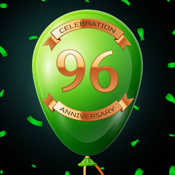 Зеленый шарик с золотой надписью девяносто шесть лет празднования годовщины и золотые ленты, конфетти на черном фоне. Векторная иллюстрация — стоковый вектор