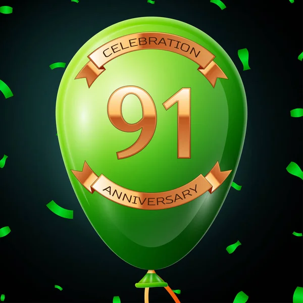 Groene ballon met gouden inscriptie negentig jaar Jubileumfeest en gouden linten, confetti op zwarte achtergrond. Vectorillustratie — Stockvector