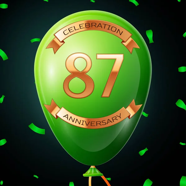 Зеленый шарик с золотой надписью восемьдесят семь лет празднования годовщины и золотые ленты, конфетти на черном фоне. Векторная иллюстрация — стоковый вектор