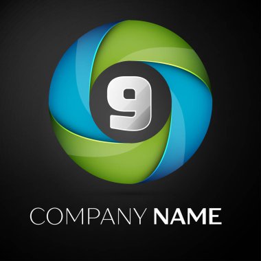 Dokuz numaralı vektör logo sembol siyah arka plan üzerinde renkli daire içinde. Tasarımınız için vektör şablonu