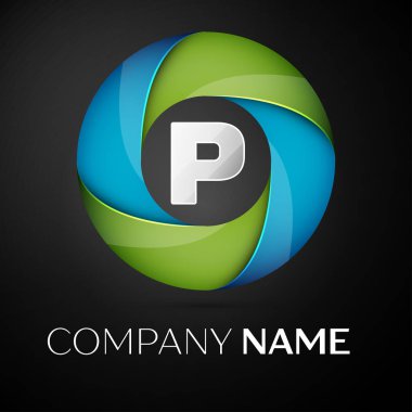 Mektup P logo sembol siyah arka plan üzerinde renkli daire içinde vektör. Tasarımınız için vektör şablonu