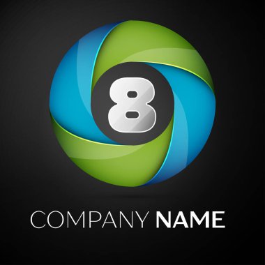 Sekiz numaralı vektör logo sembol siyah arka plan üzerinde renkli daire içinde. Tasarımınız için vektör şablonu
