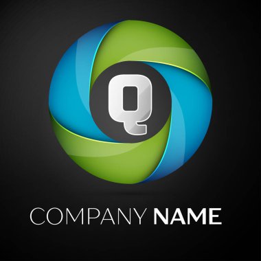 Harf Q vektör logo sembol siyah arka plan üzerinde renkli daire içinde. Tasarımınız için vektör şablonu