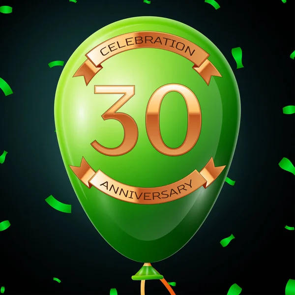 Globo verde con inscripción dorada treinta años de celebración del aniversario y cintas doradas, confeti sobre fondo negro. Ilustración vectorial — Archivo Imágenes Vectoriales